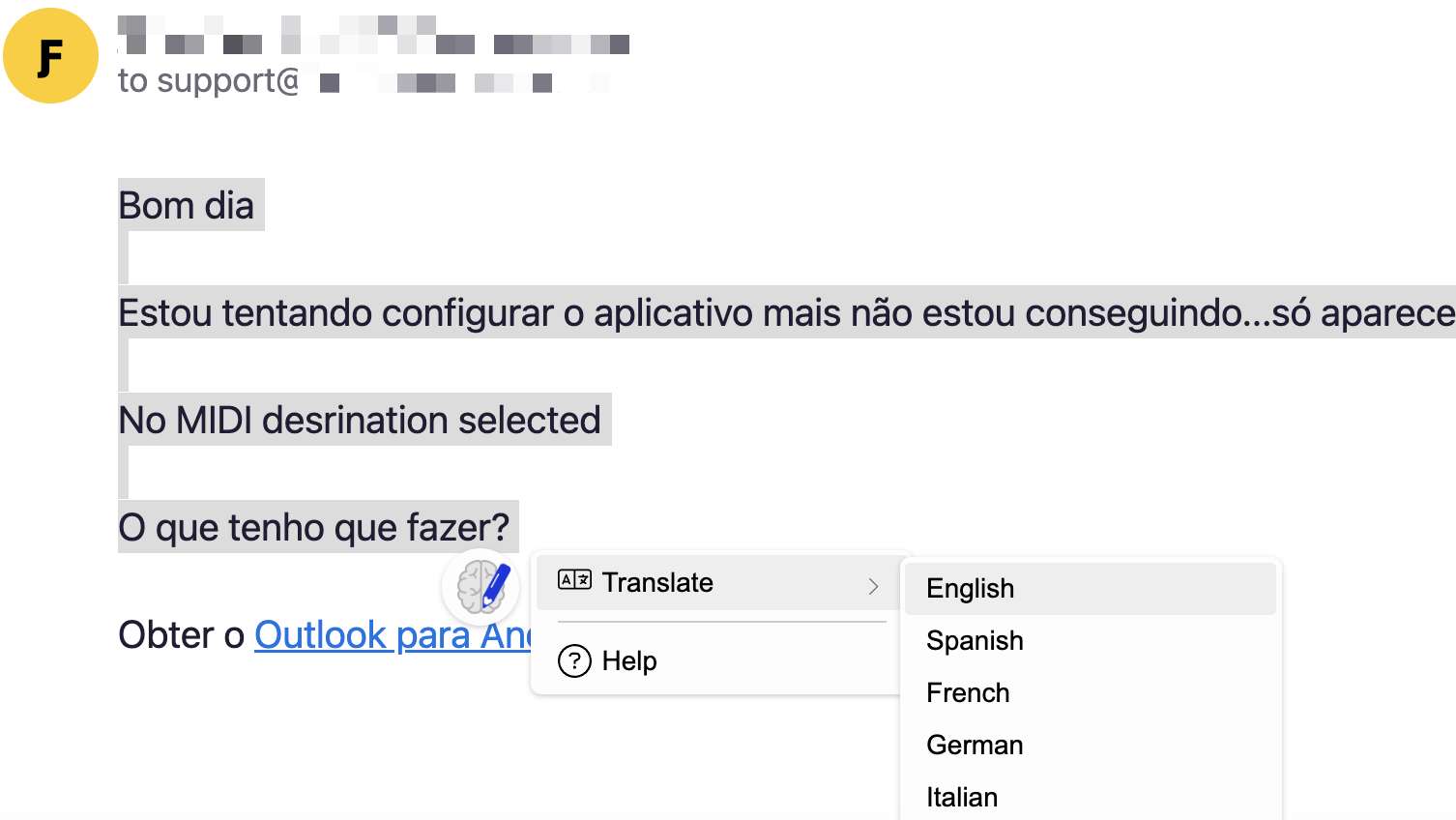 Select foreign language (Portuguese) text to translate