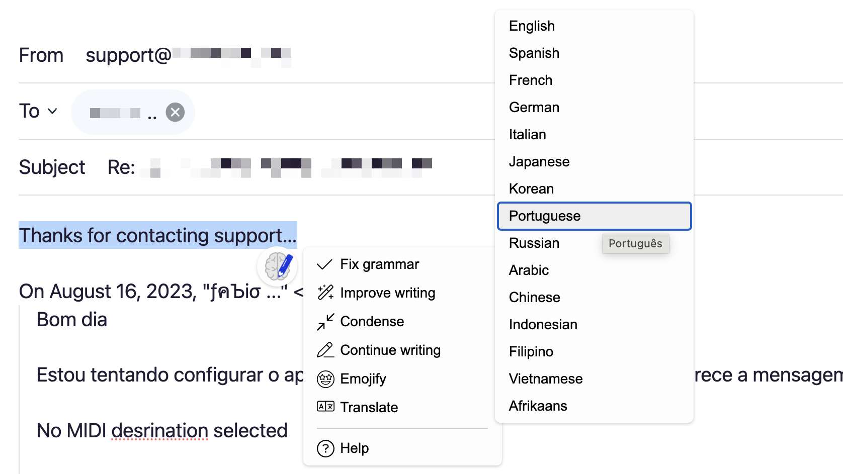 Selected English reply, selected, and select Portugues to translate into